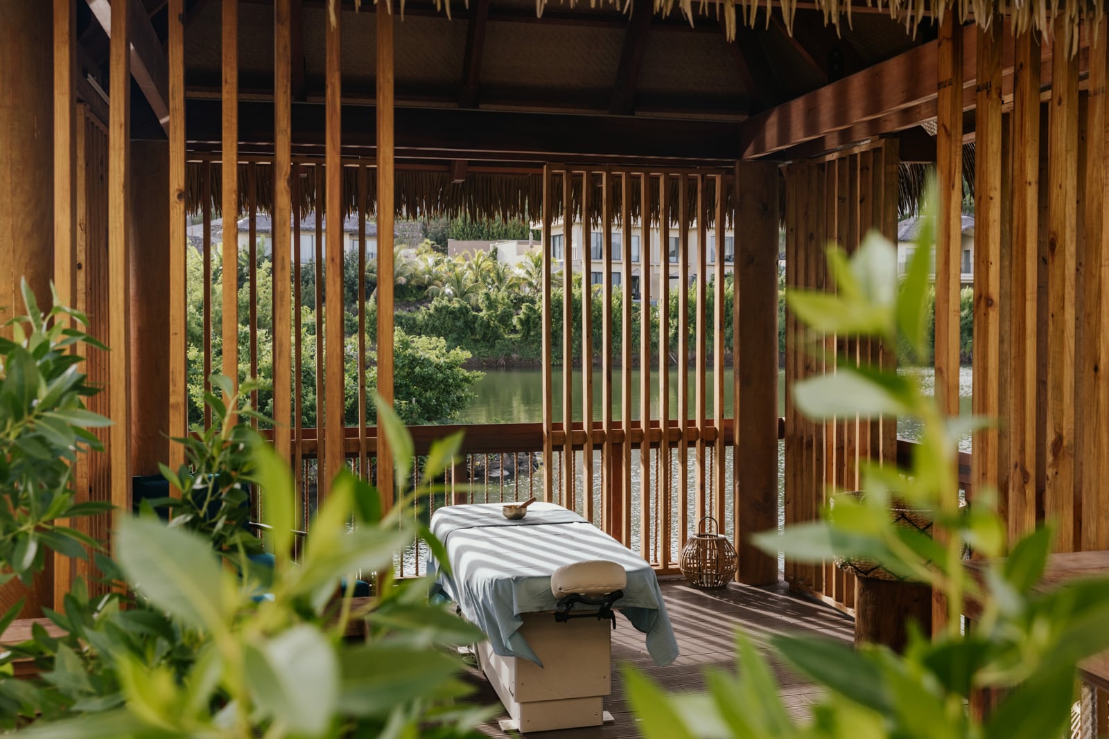 A massage table in a wooden pagoda at Six Senses La Sagesse resort in Grenada.