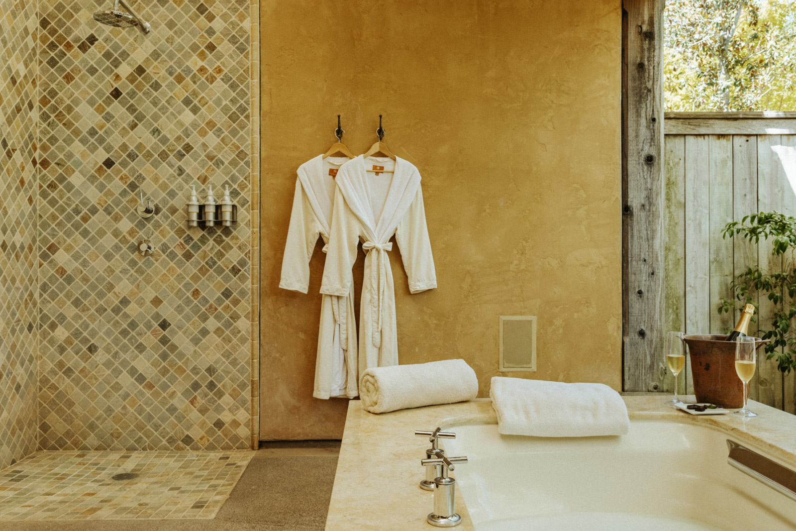Two robes hanging from wall hooks next to bathtub and shower