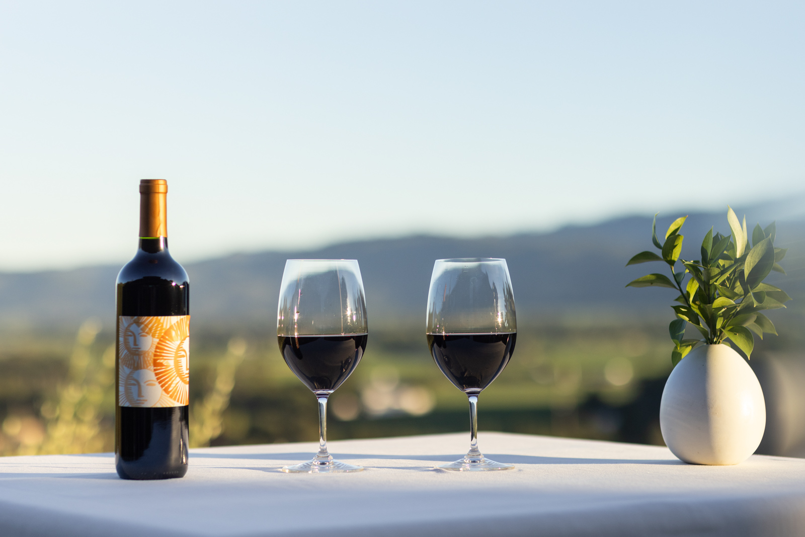 Two wine glasses and a bottle of wine on a table