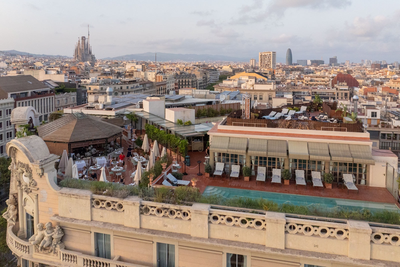 Rooftop terrace with a turquoise pool, tan lounge chairs, green plants, and panoramic city views.
