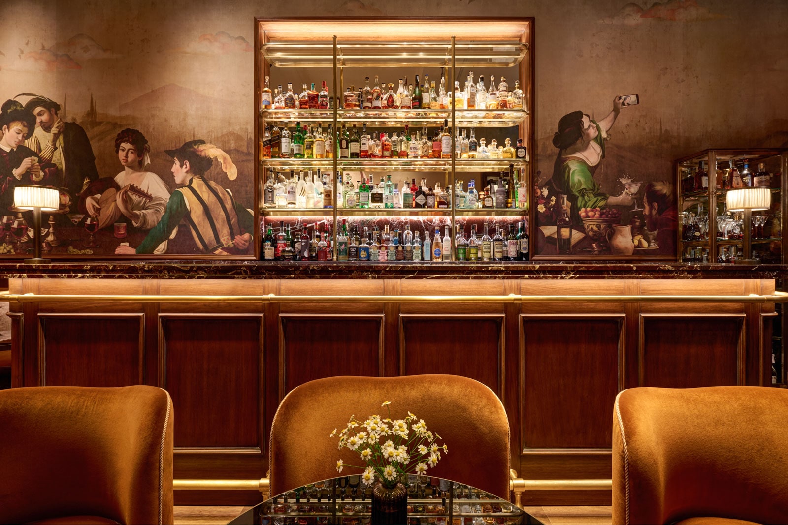 The wooden bar of Artemisia, the lounge at Hotel Savoy in Florence, Italy. 