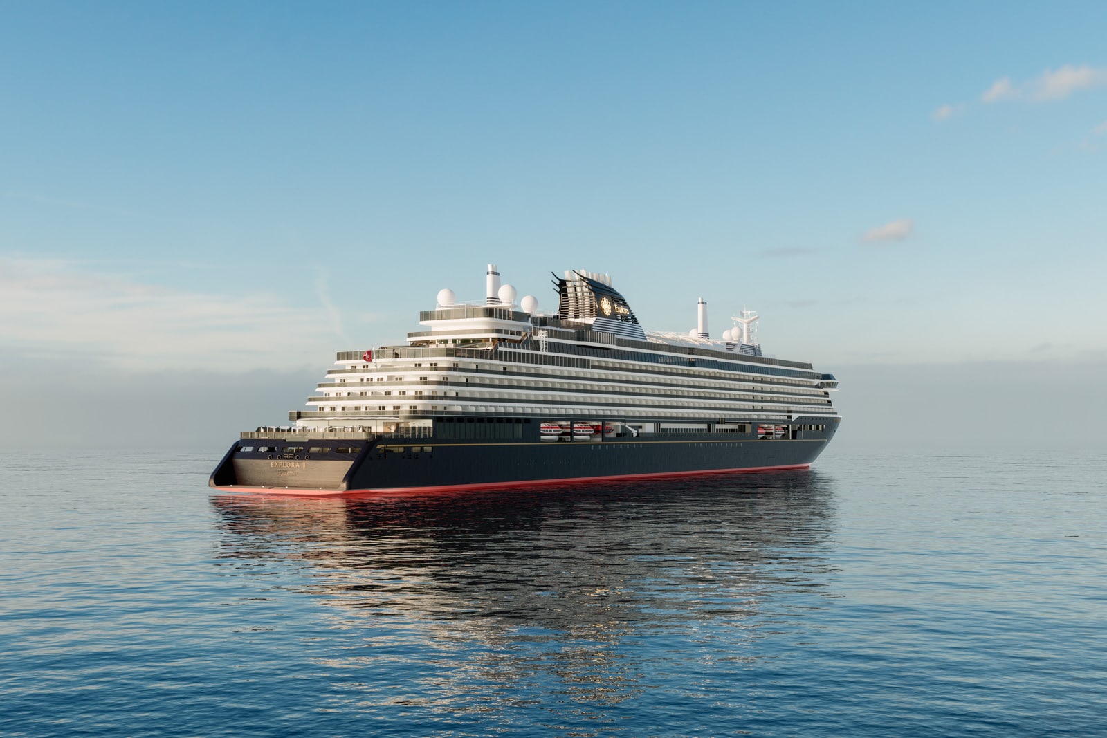 Large black and white ocean cruise ship floats on blue water under a clear sky, reflecting sunlight on the waves.