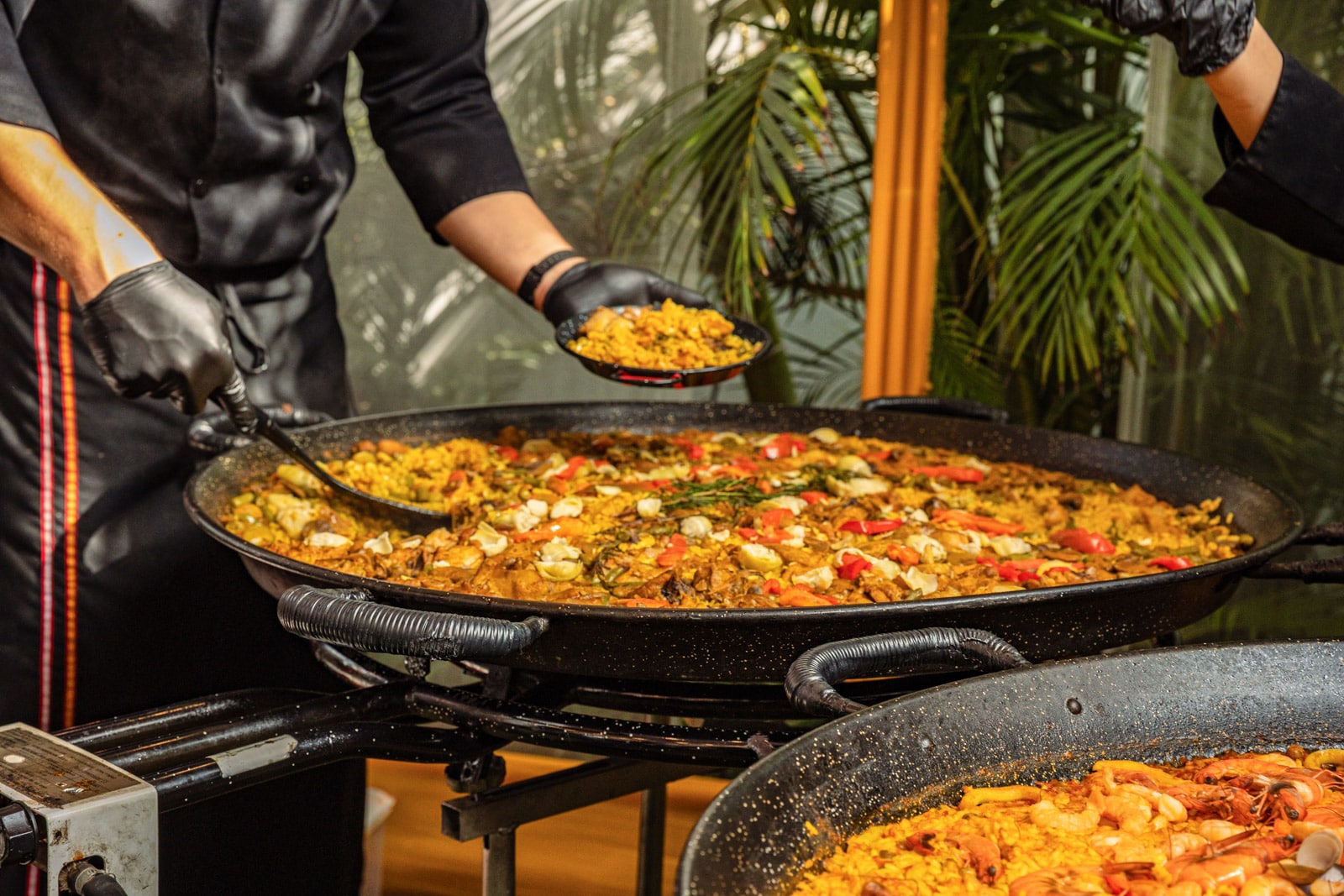 A chef scoops seafood paella into a bowl.