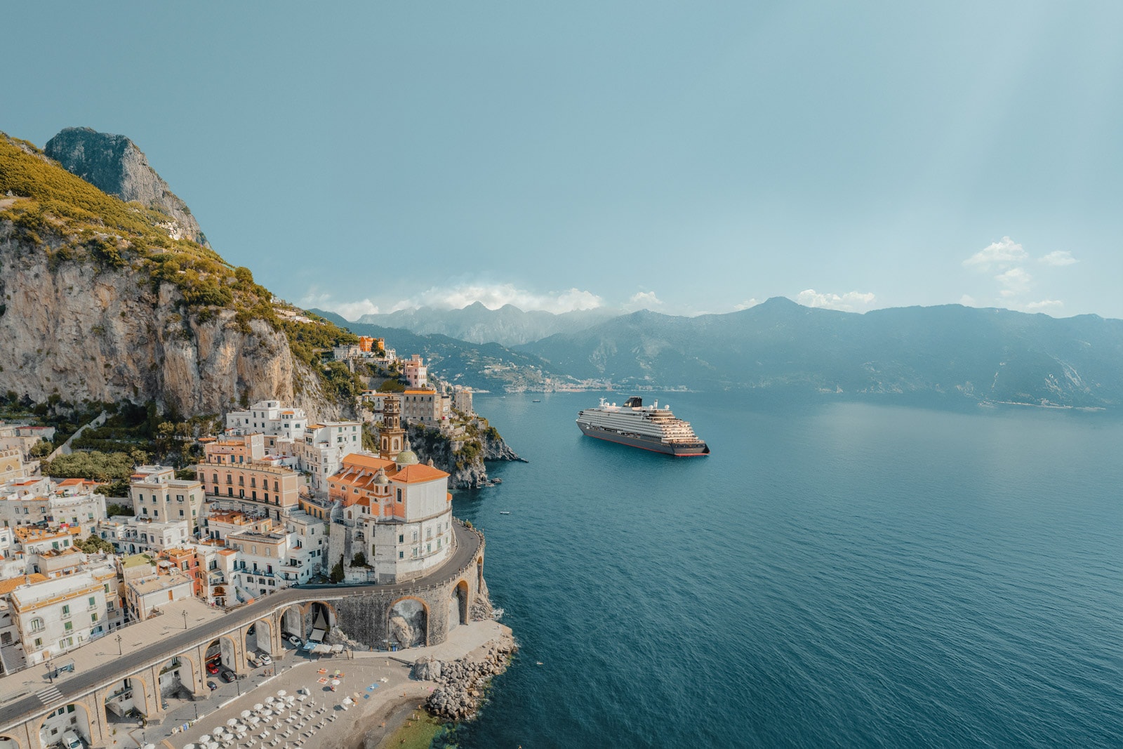 A cruise ship sails past the town of Atrani on Italy's Amalfi Coast.