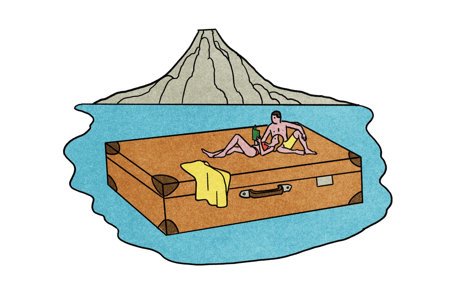 Illustration of a couple floating in the sea atop a large suitcase.