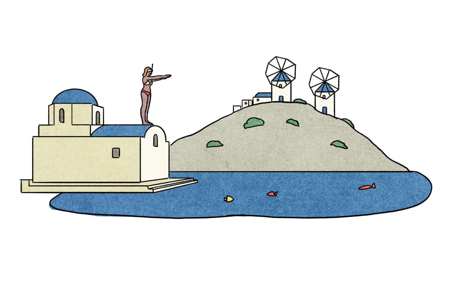 Illustration of a diver preparing to dismount from a structure into the sea.