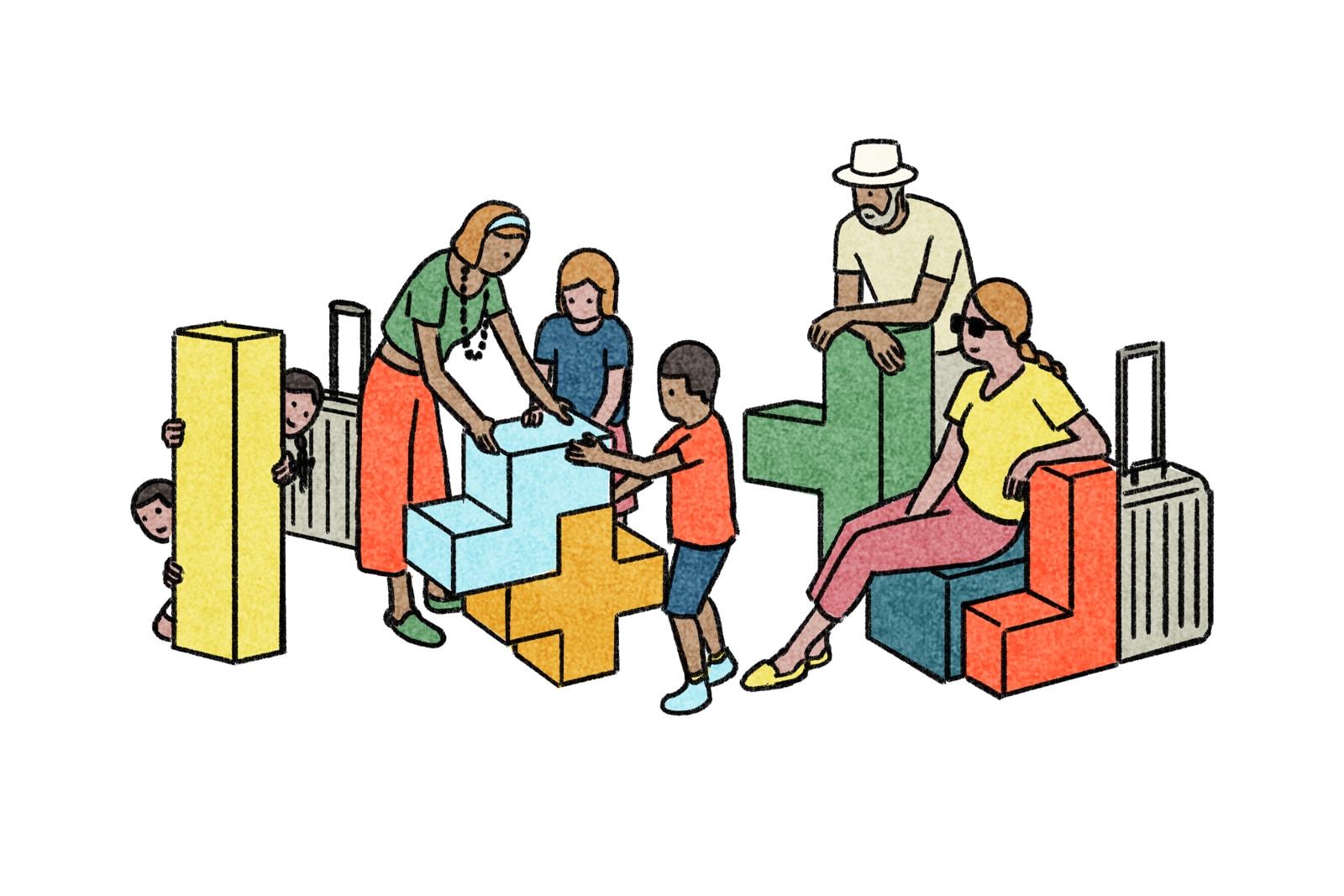 A family with luggage solves a puzzle.