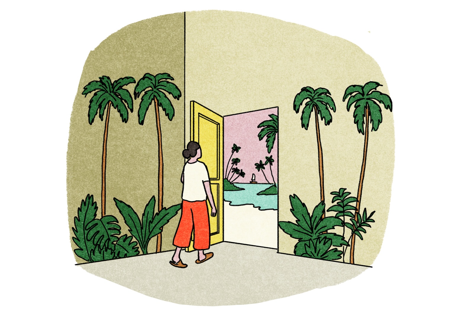 A woman walks through a door toward the ocean and palm trees.