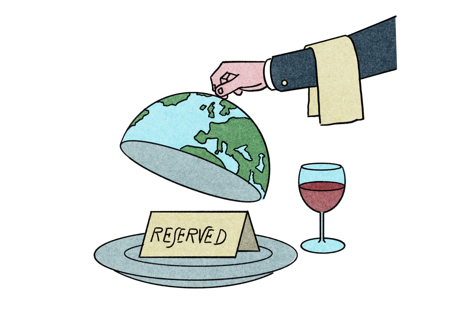 A server lifts a plate cover to reveal a sign that reads 
