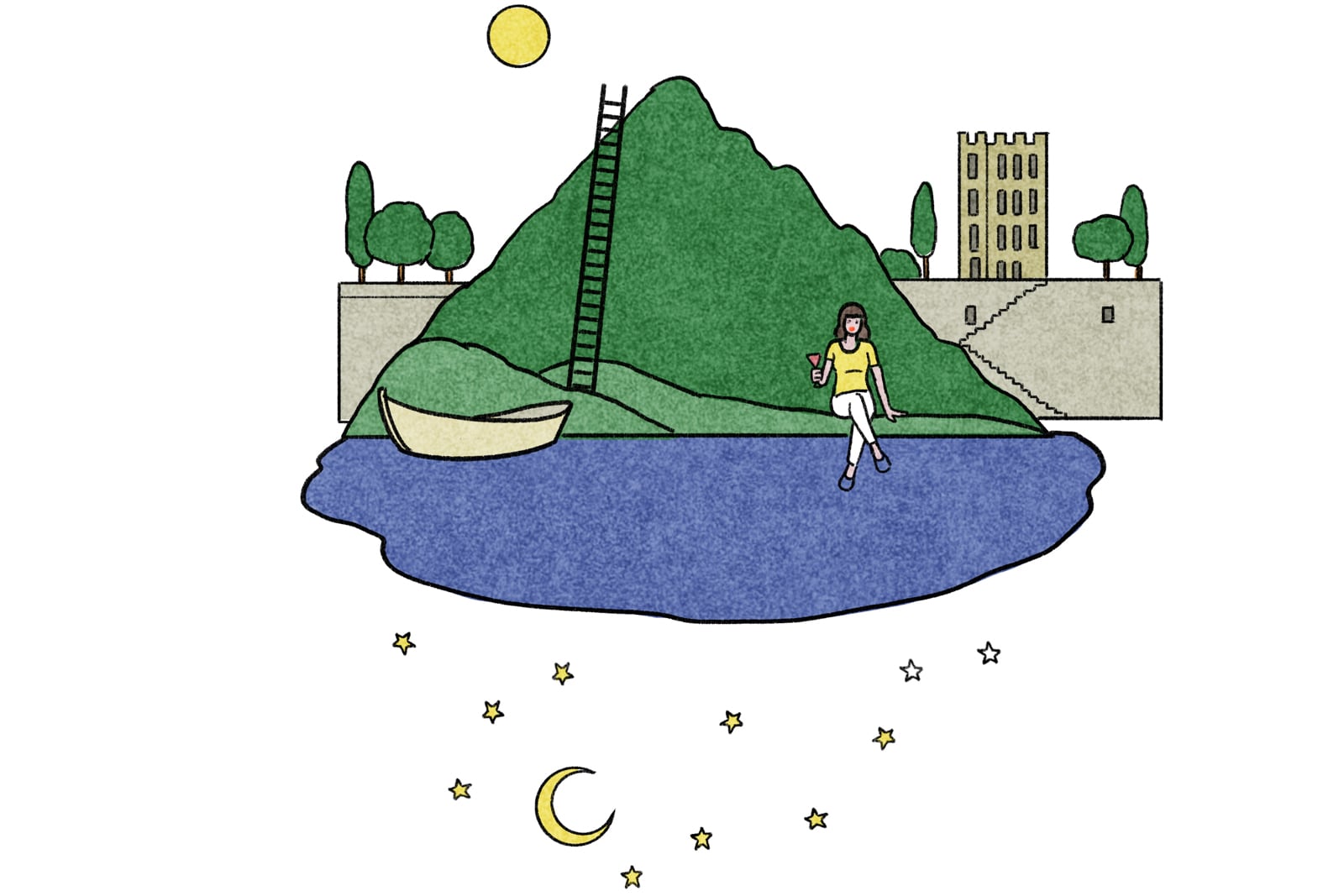 Illustration of a woman sitting on a mountain near a lake.