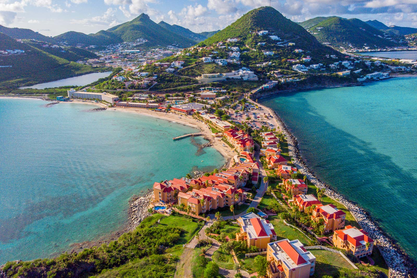 High Aerial view homes and beaches on the Caribbean island of St. Maarten.