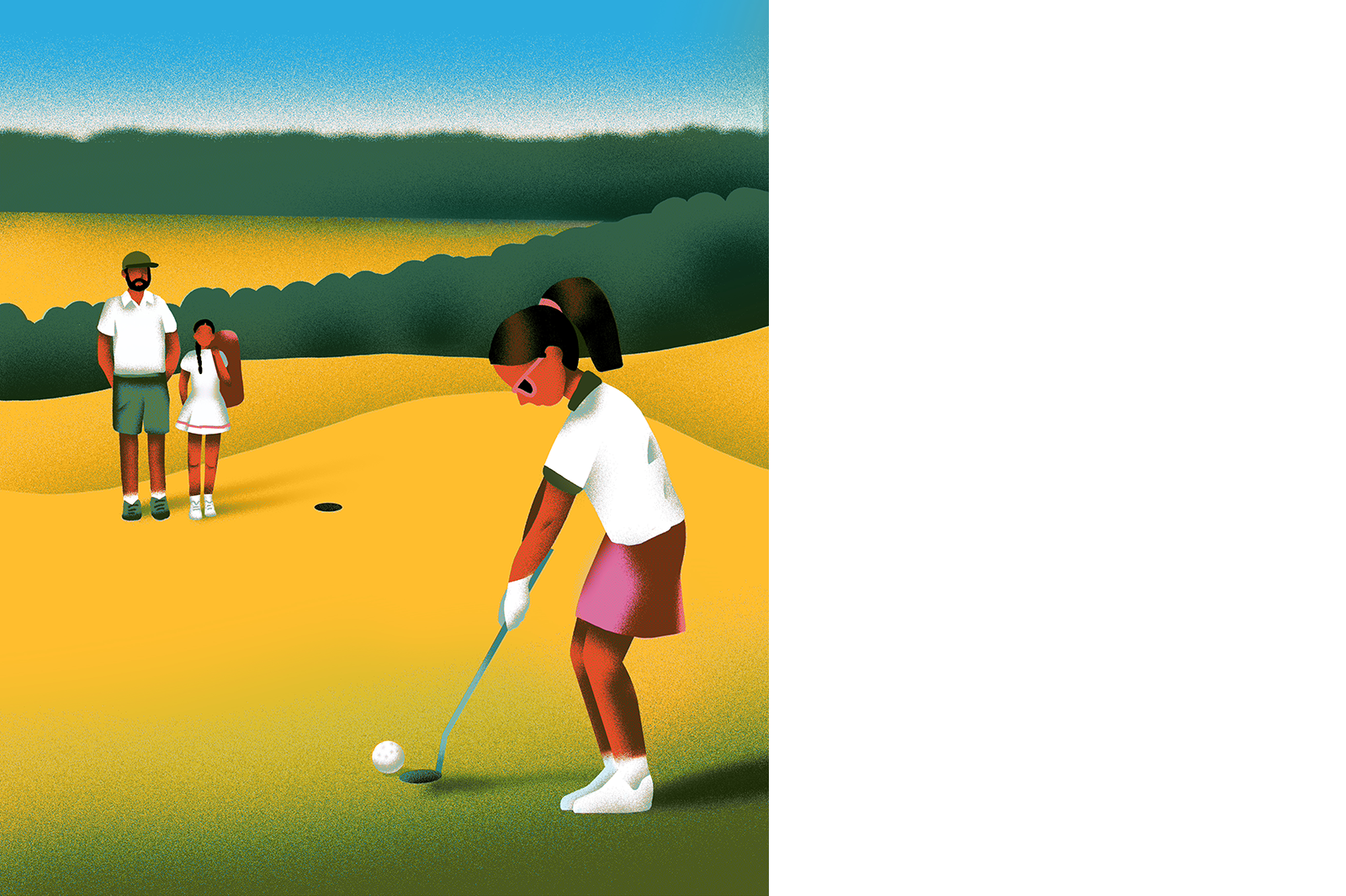 Illustration of a child lining up a shot on the golf course.