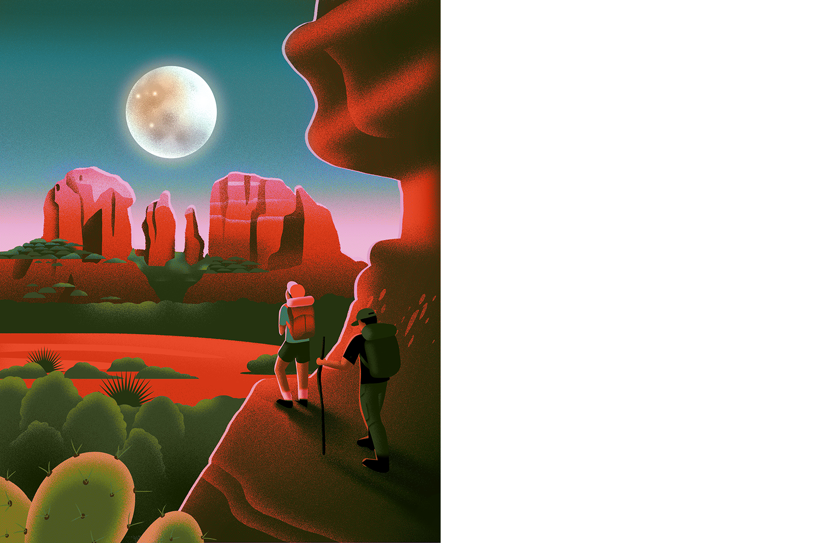 Illustration of a person in the desert staring at the moon.