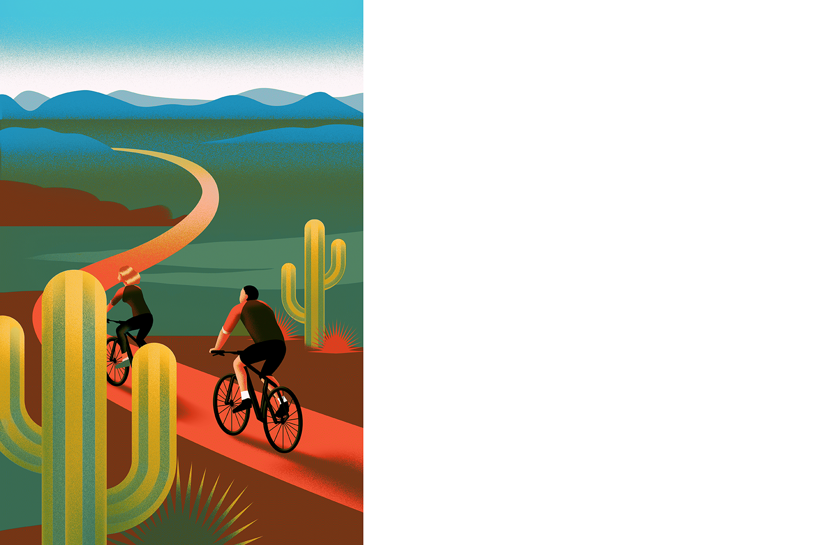 Illustration of a two people riding bicycles down a path in the desert.