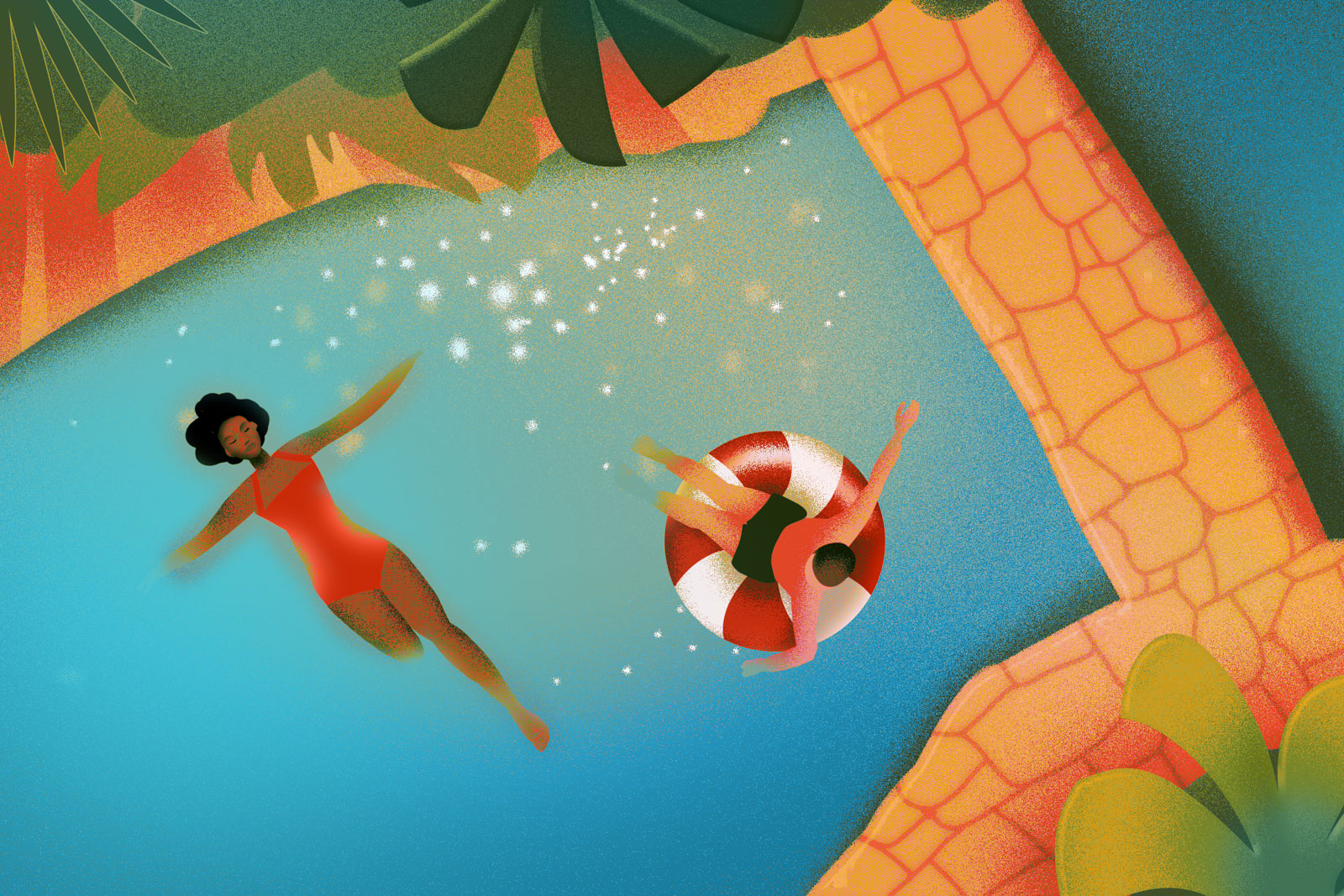 Illustration of two people floating in a river.