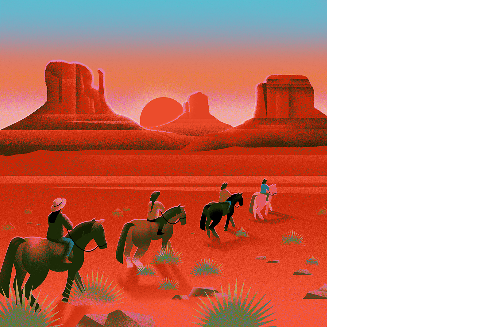 Illustration of a four people riding horses across a desert under a low sun.