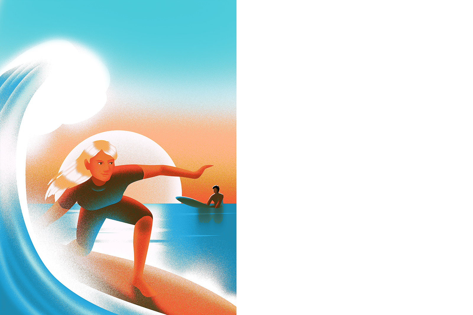Illustration of a woman surfing a wave.