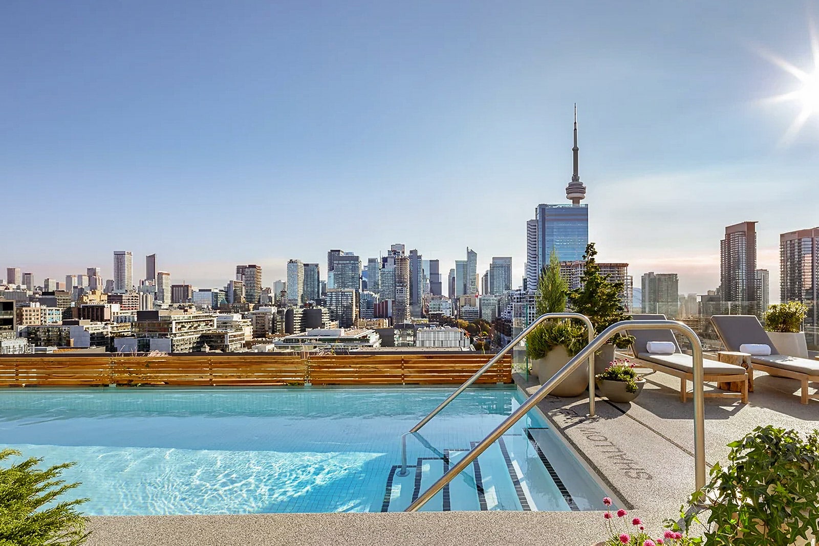 A rooftop pool at the 1 Hotel Toronto features lounge chairs and several plants.