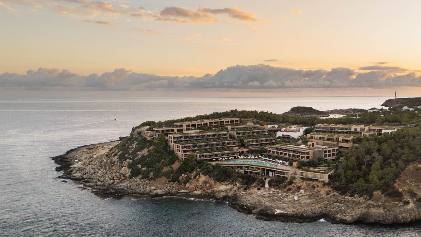 Aerial view of hotel near water