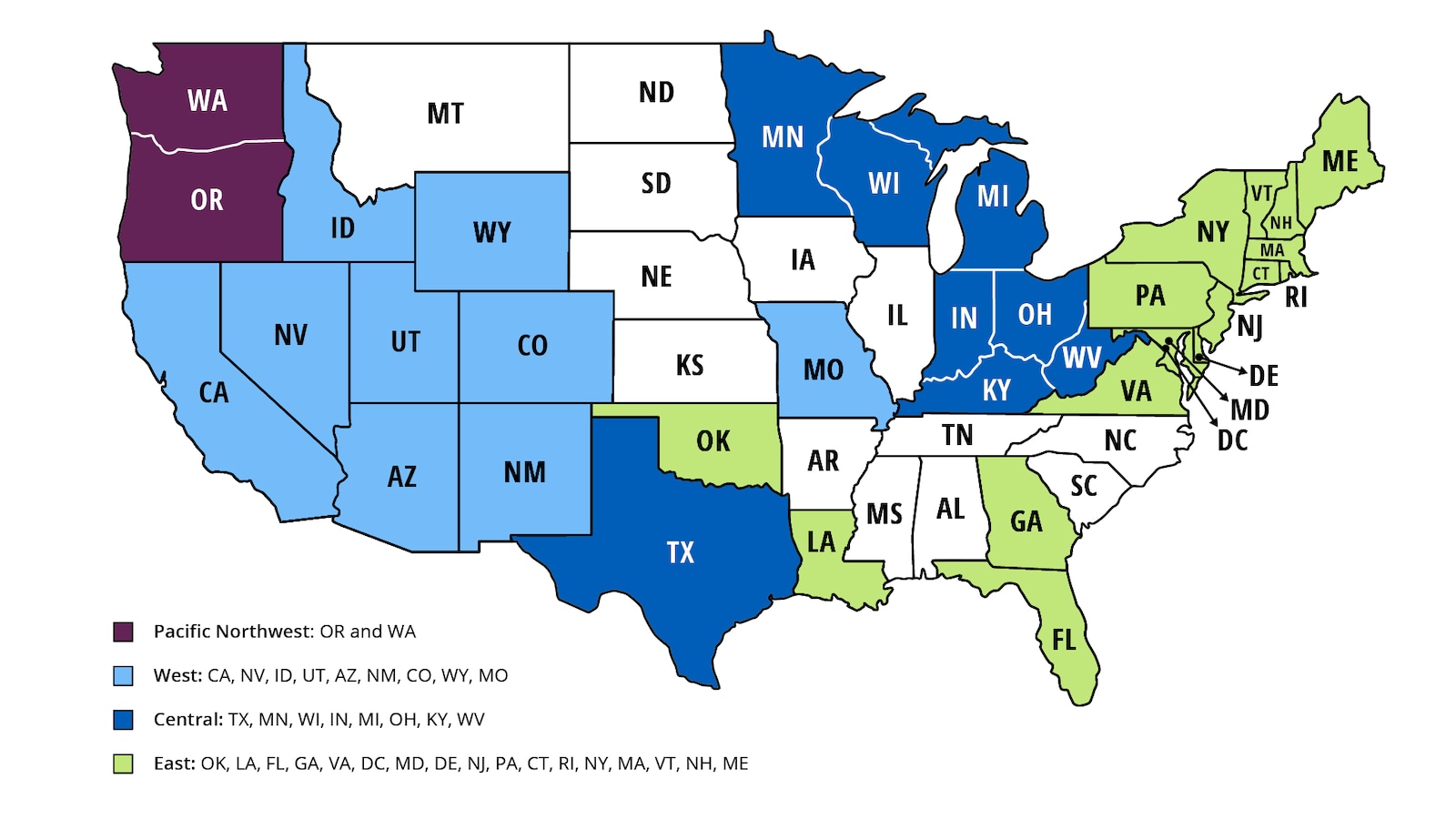 Map of United States categorized into 4 regions: Pacific Northwest, West, Central, East