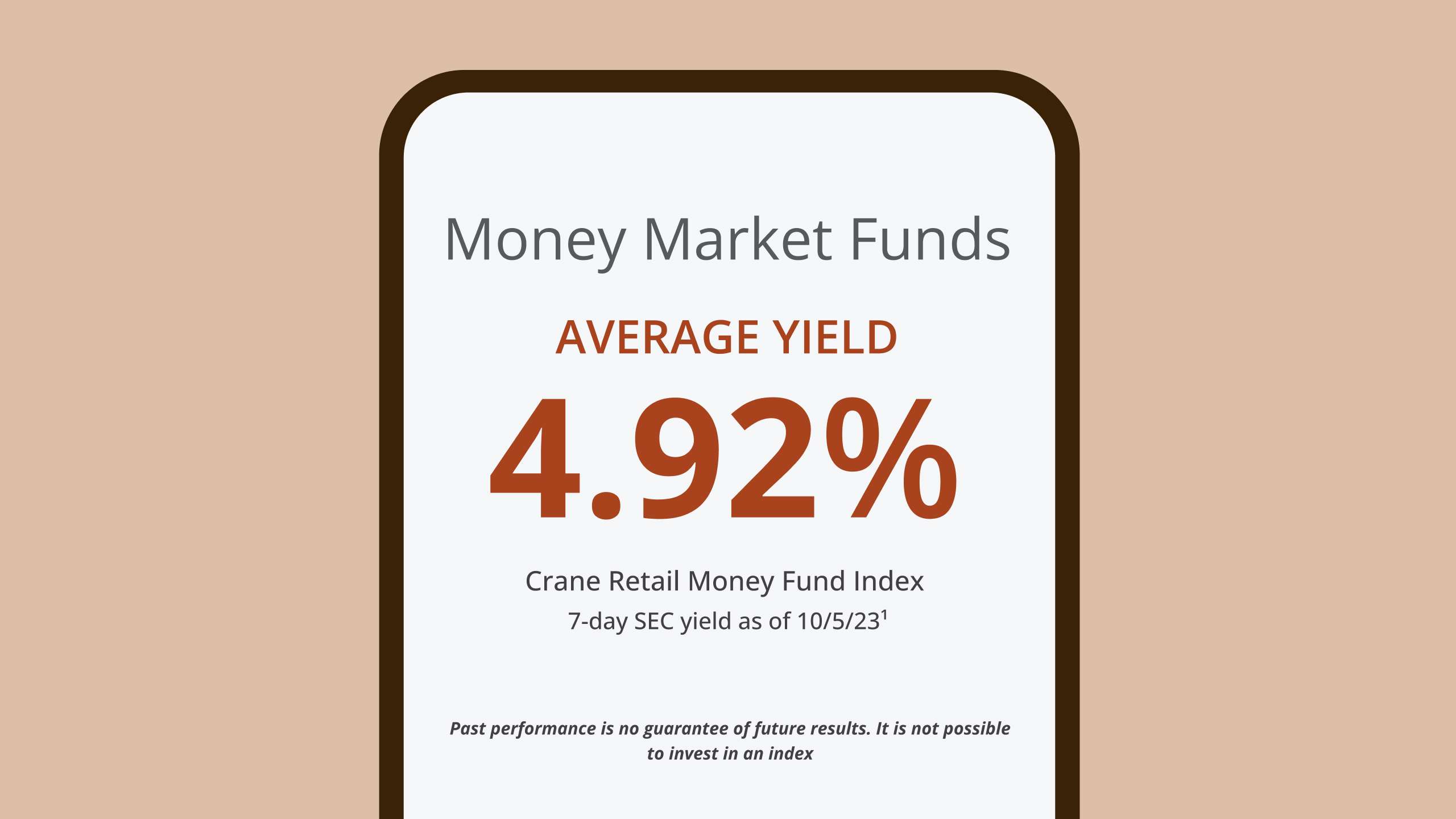 Money market funds 4.92% avg yield as per Crane data. Past performance is no guarantee of future results. It is not possible to invest in an index.