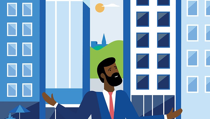 Illustration of a business owner looking concerned while standing with arms outstretched in front of tall office buildings