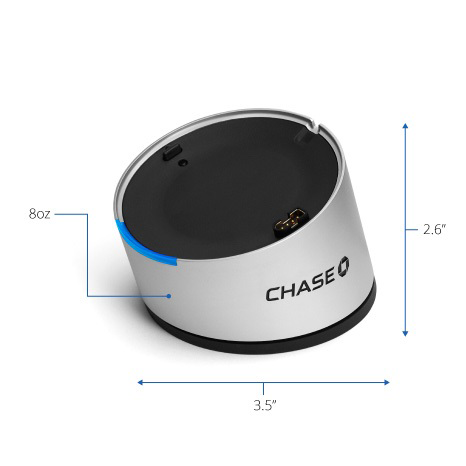 Chase Card Reader Base Specs: Weight - 8 oz, Height - 2.6 in, Diameter - 3.5 in.