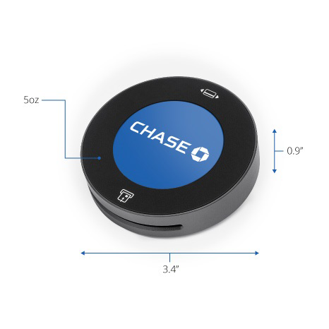 Chase Card Reader Specs: Weight - 5 oz, Height - .9 in, Diameter - 3.4 in.
