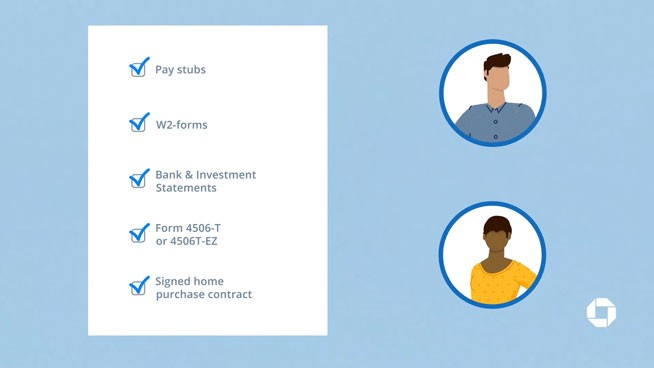 Application process visual checklist: Pay stubs, W2-forms, Bank & Investment Statements, Form 4506-T or 4506T-EZ, Signed home purcase contract.