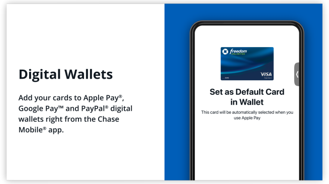 Agrega tus tarjetas a las billeteras digitales de Apple Pay®, Google Pay™ y PayPal®, directamente desde la aplicación Chase Mobile®.